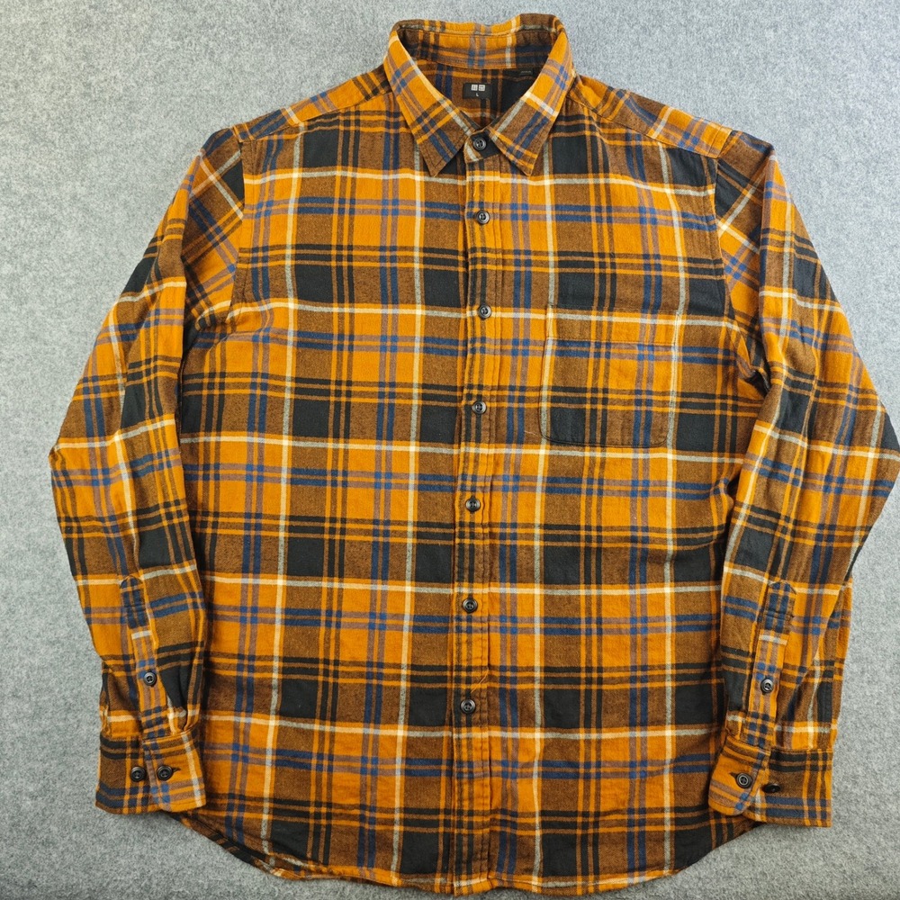 Uniqlo Flannel Check Long Sleeve Shirt Mens Large Orange Blue Plaid 331-421199